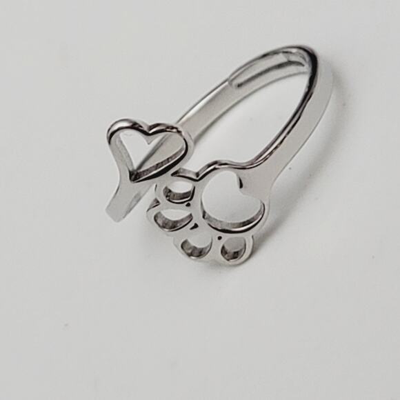 Wrap Adjustable Fashion Ring Paw Print And Heart Silver Ring - Picture 6 of 7